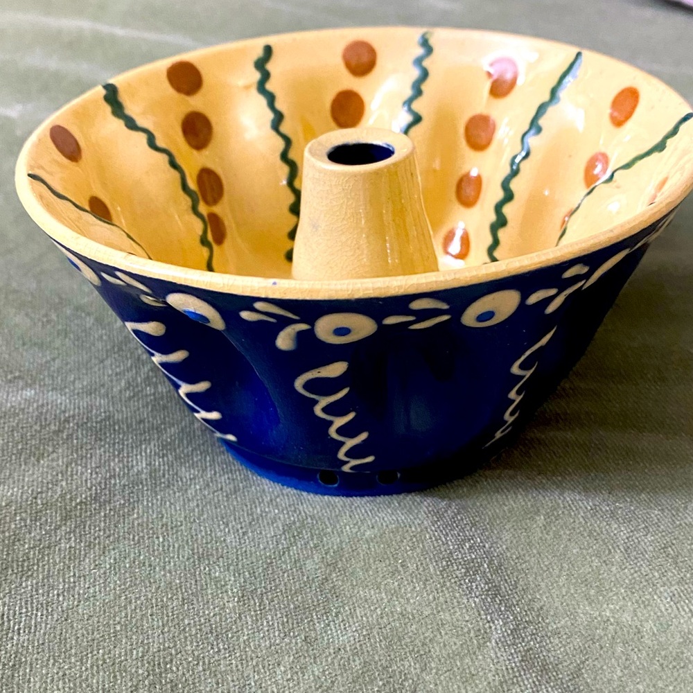 MINI Vintage Pottery Cake Mold Handcrafted Blue and Yellow Ceramic Bowl UBG